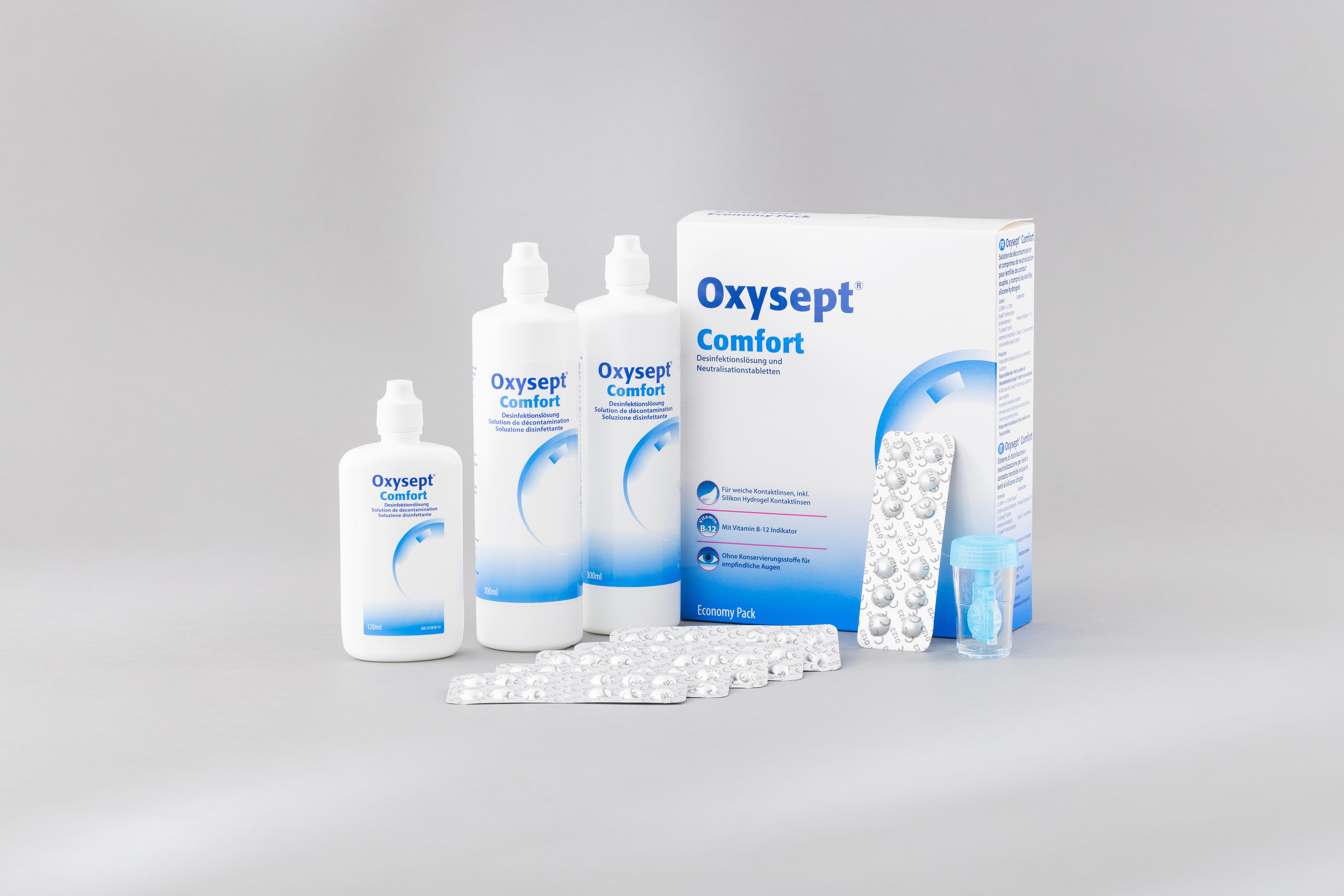 Ein ausgepacktes Pflegemittel des Topsellers Oxysept Comfort.